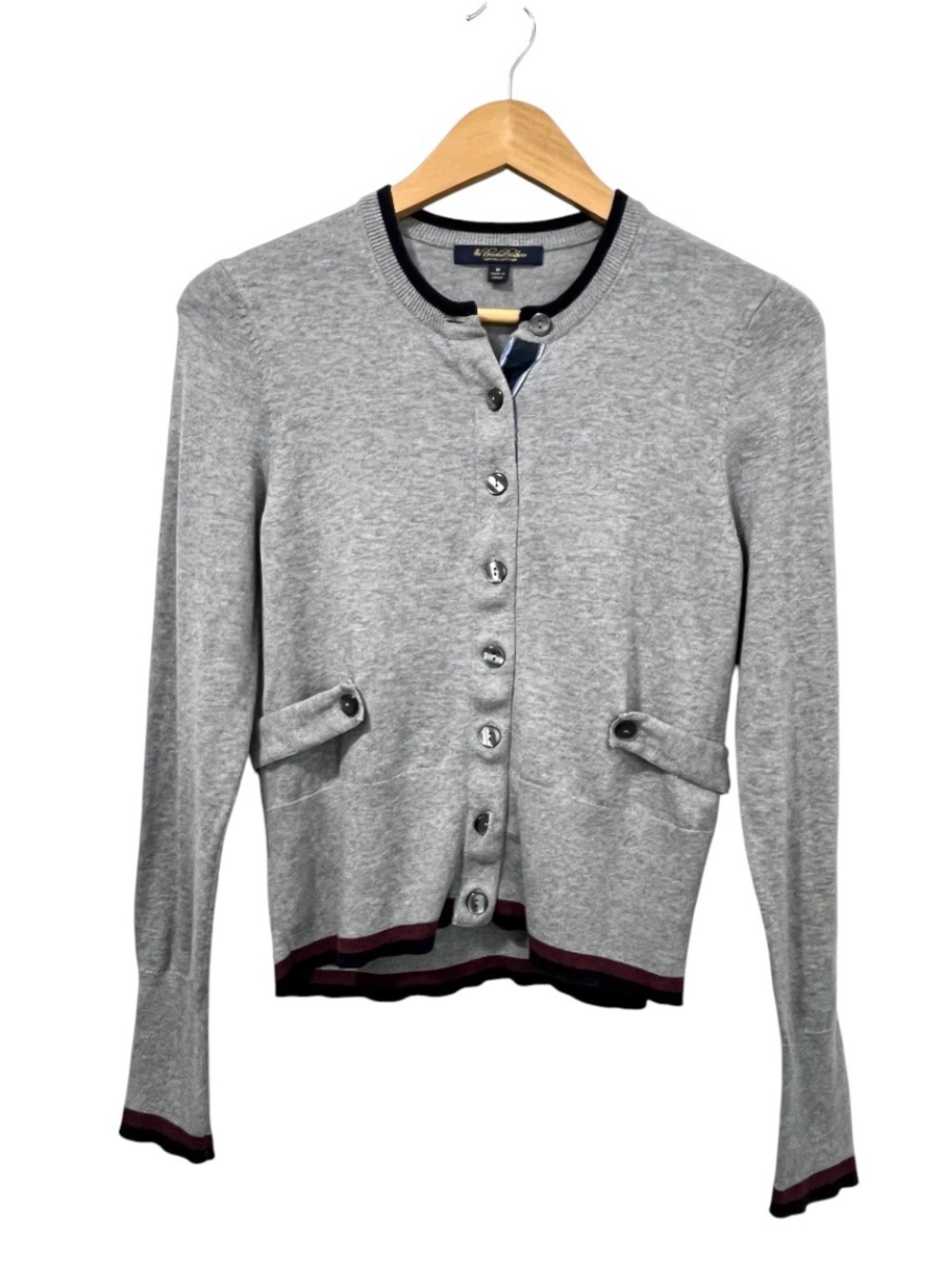 Brooks Brothers Light Grey Button Up Cardigan with Navy and Burgundy Trim